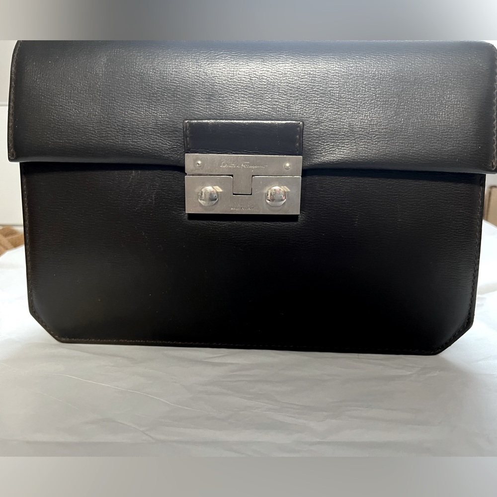 Salvatore Ferragamo Dark Brown Leather Clutch 10" X 7" With Slide Wrist Strap